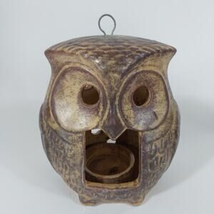 Vintage 1970s Brown Ceramic Owl Hanging Tea Light Candle Holder Lantern Pottery